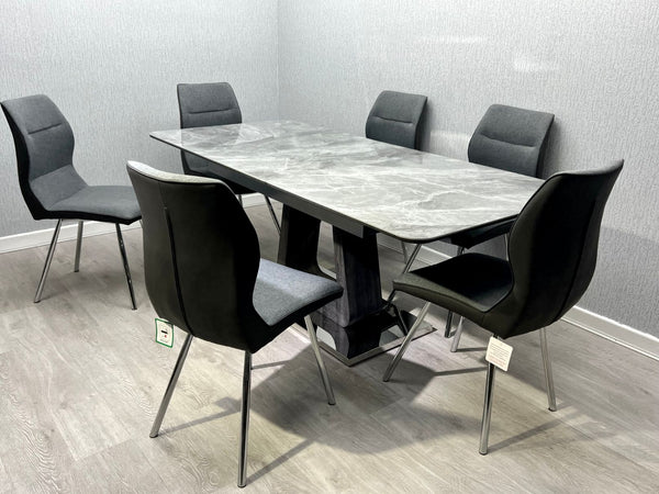 Zermatt Extendable Dining Table Grey Ceramic 160cm – 200cm with 6 Zermatt Chairs