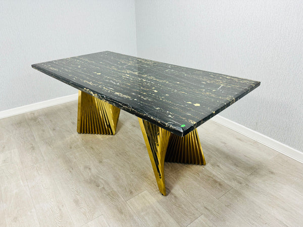 Ravello 1.8m Black and Cream Marble Dining Table Gold stand