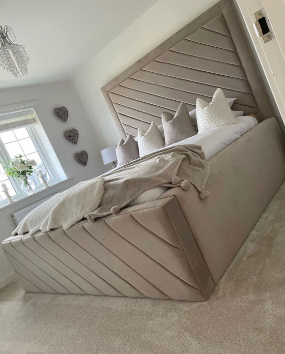 Julia Diagonal lined bed frame plush velvet optional storage - Estelle Decor