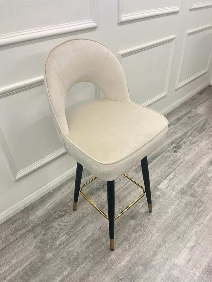 Astra Barstool Cream leather and Cream Velvet rotating Gold tip legs - Estelle Decor