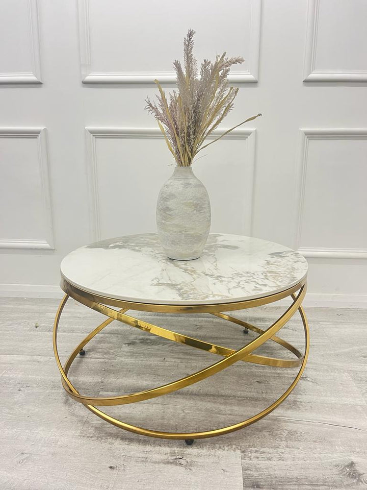 Spiro Coffeee table gold frame with  White Stone Sintered top - Estelle Decor