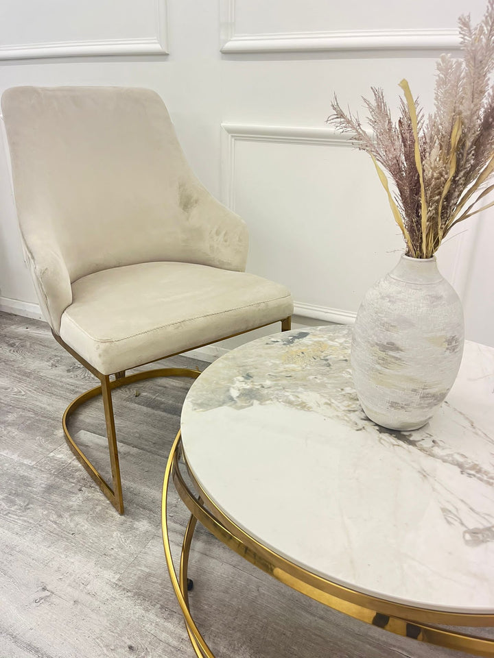 Spiro Coffeee table gold frame with  White Stone Sintered top - Estelle Decor