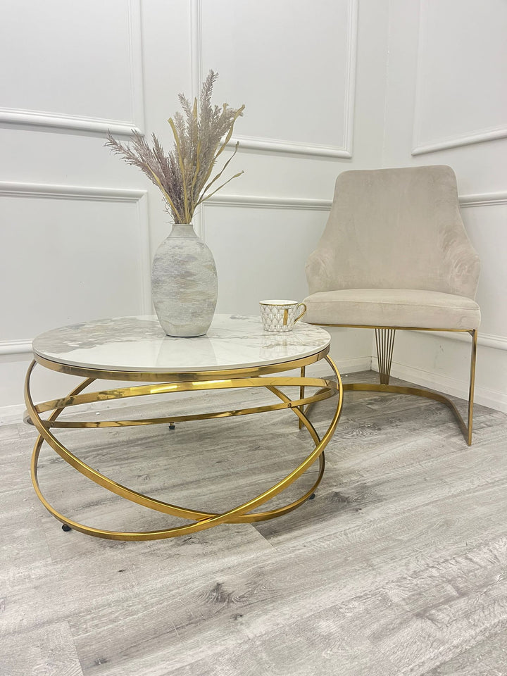 Spiro Coffeee table gold frame with  White Stone Sintered top - Estelle Decor