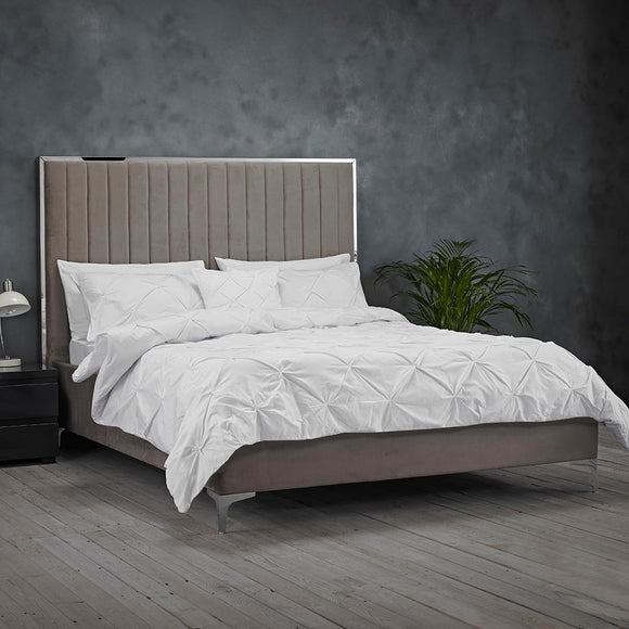 Berkley Silver Trim Lined Bed Frame Soft Mink Grey velvet Double  And King size - Estelle Decor
