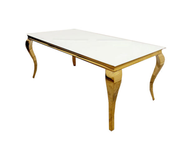 Gold Louis Glass top Dining Table with Gold Long Metal legs - Estelle Decor