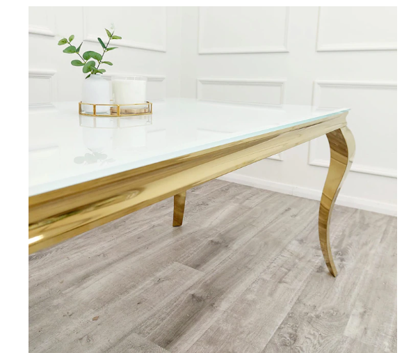 Gold Louis Glass top Dining Table with Gold Long Metal legs - Estelle Decor