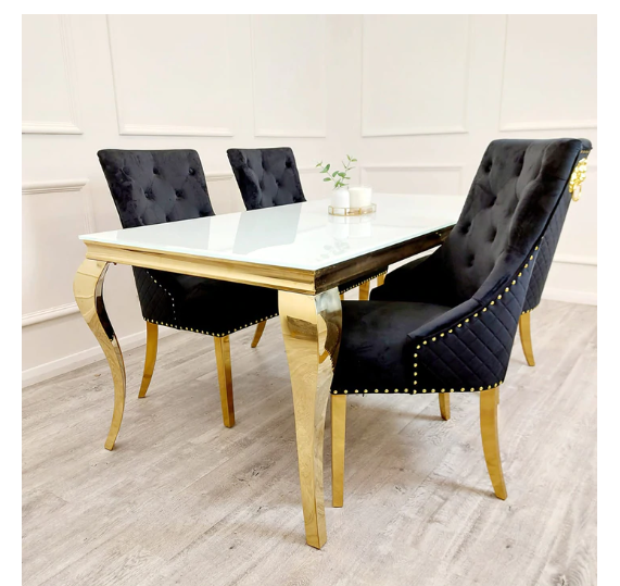 Gold Louis Glass top Dining Table with Gold Long Metal legs - Estelle Decor