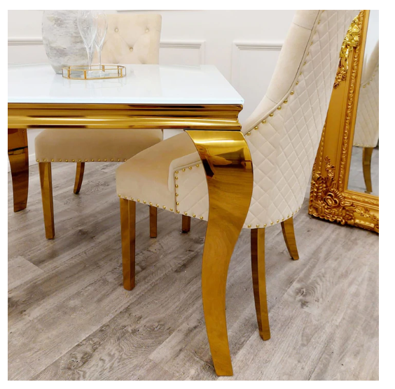 Gold Louis Glass top Dining Table with Gold Long Metal legs - Estelle Decor