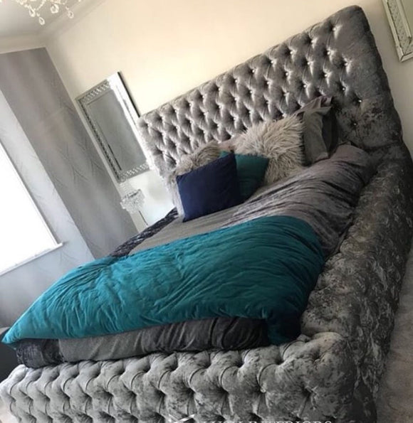 King size Ambassador bed frame Grey Crush Velvet Standard bed - Estelle Decor