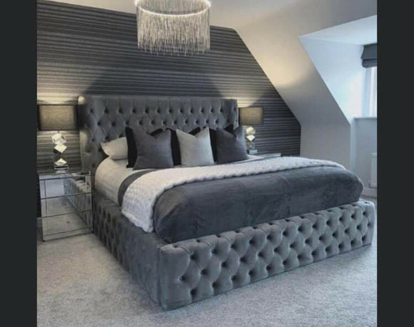 King Size Winged Ambassador bed Steel Plush Velvet Standard bed - Estelle Decor