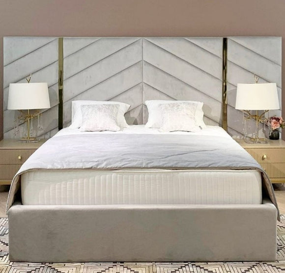Atlas Luxury Art Deco Wide Headboard Gold and Silver Trim Bed frame - Estelle Decor