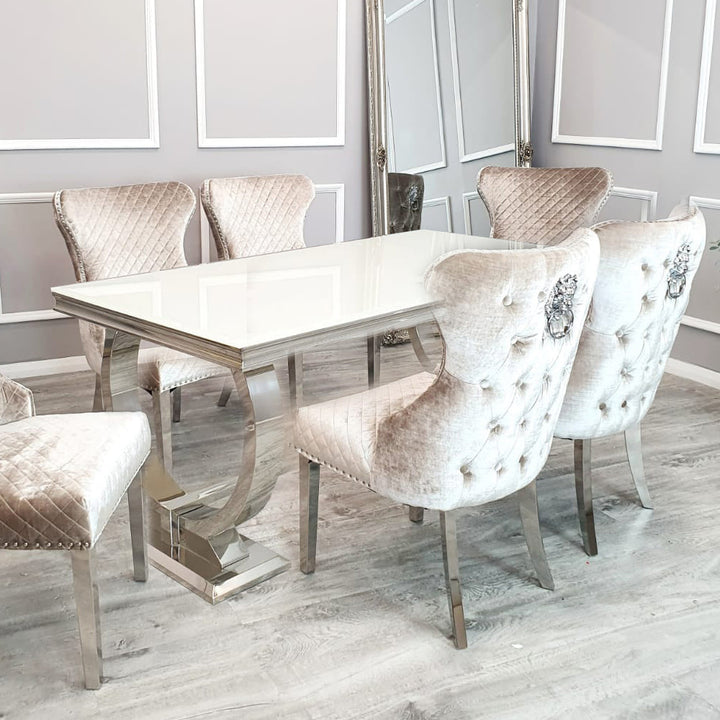 Arriana Marble Top Dining table with Circular Metal Stands - Estelle Decor